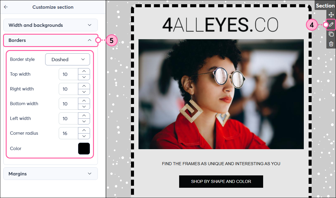 Email editor with Section menu and Edit option selected, and Customize section menu displayed with Borders section expanded and Border style drop-down menu, Width options, and Corner radius option, and Color swatch