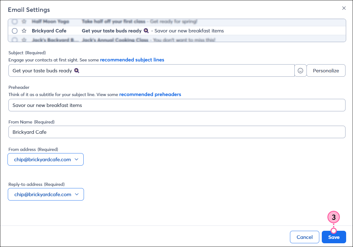 Subject line with emoji and Save button