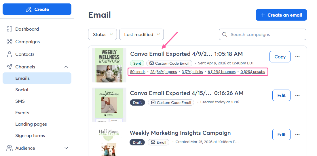 Emails page with sent Canva email and reporting stats