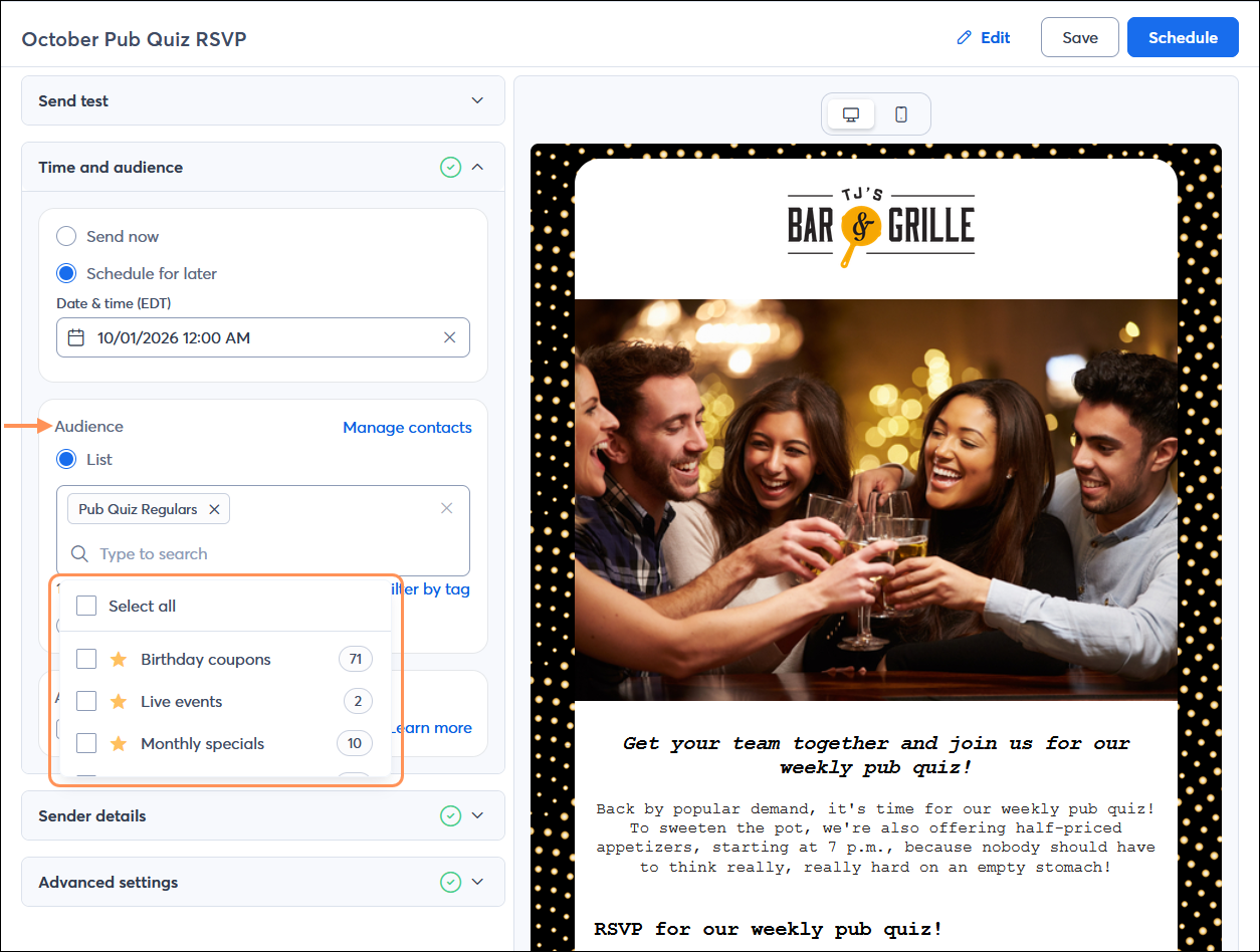 Email Schedule page with Time and audience section expaned, Audience section with List drop-down menu expanded and with favorite lists at the top