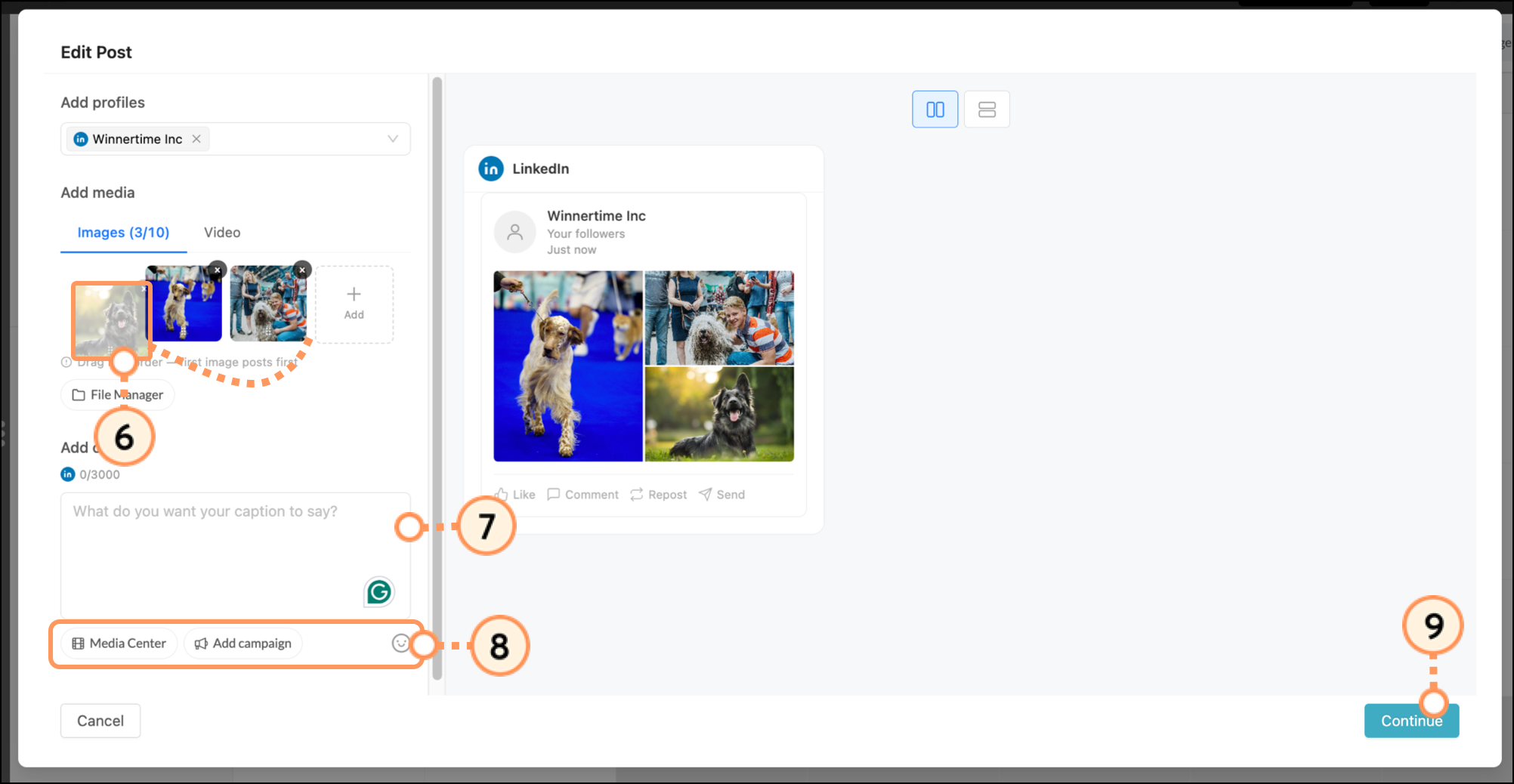 Edit Post popup with LinkedIn post images and blue Continue button