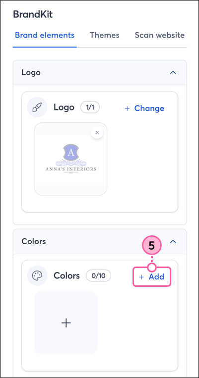 Brandkit with logo added and empty Colors section with Add link
