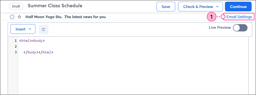 Custom Code editor with Email Settings option