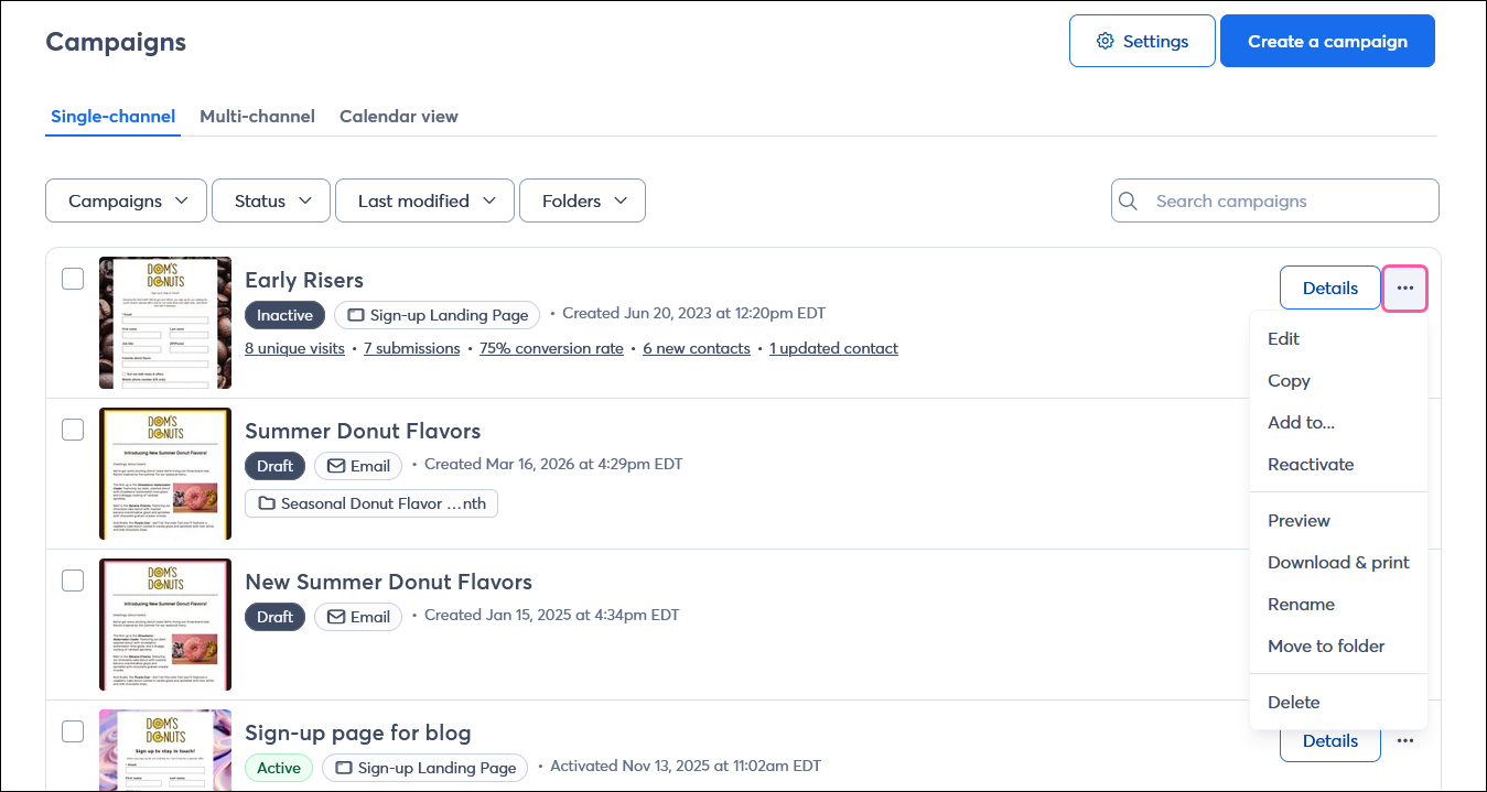 Campaigns page with Single-channel tab selected, and inactive Sign-up Landing Page campaign menu expanded