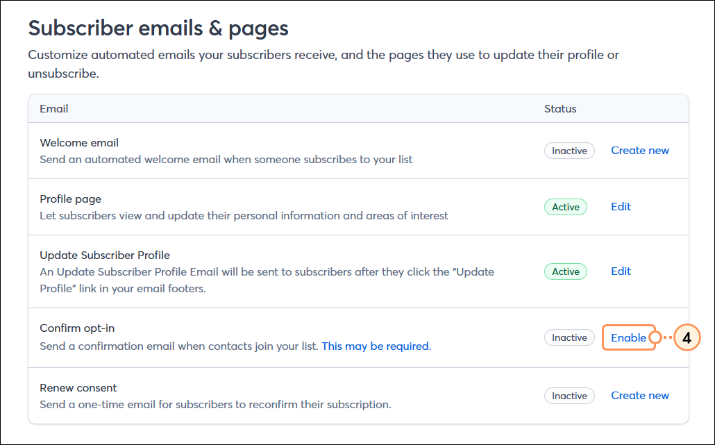 Subscriber Emails page, Confirm Opt In Email, and Enable Button