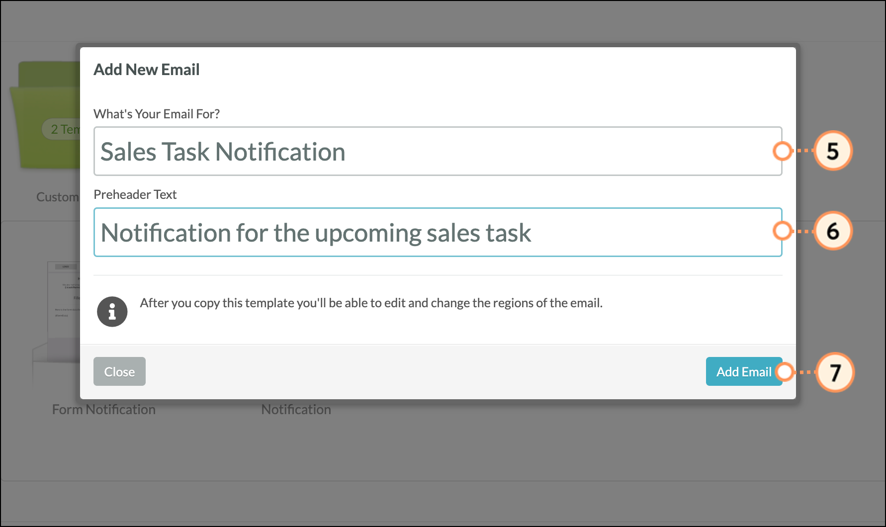 Name and preheader field, blue Add Email button