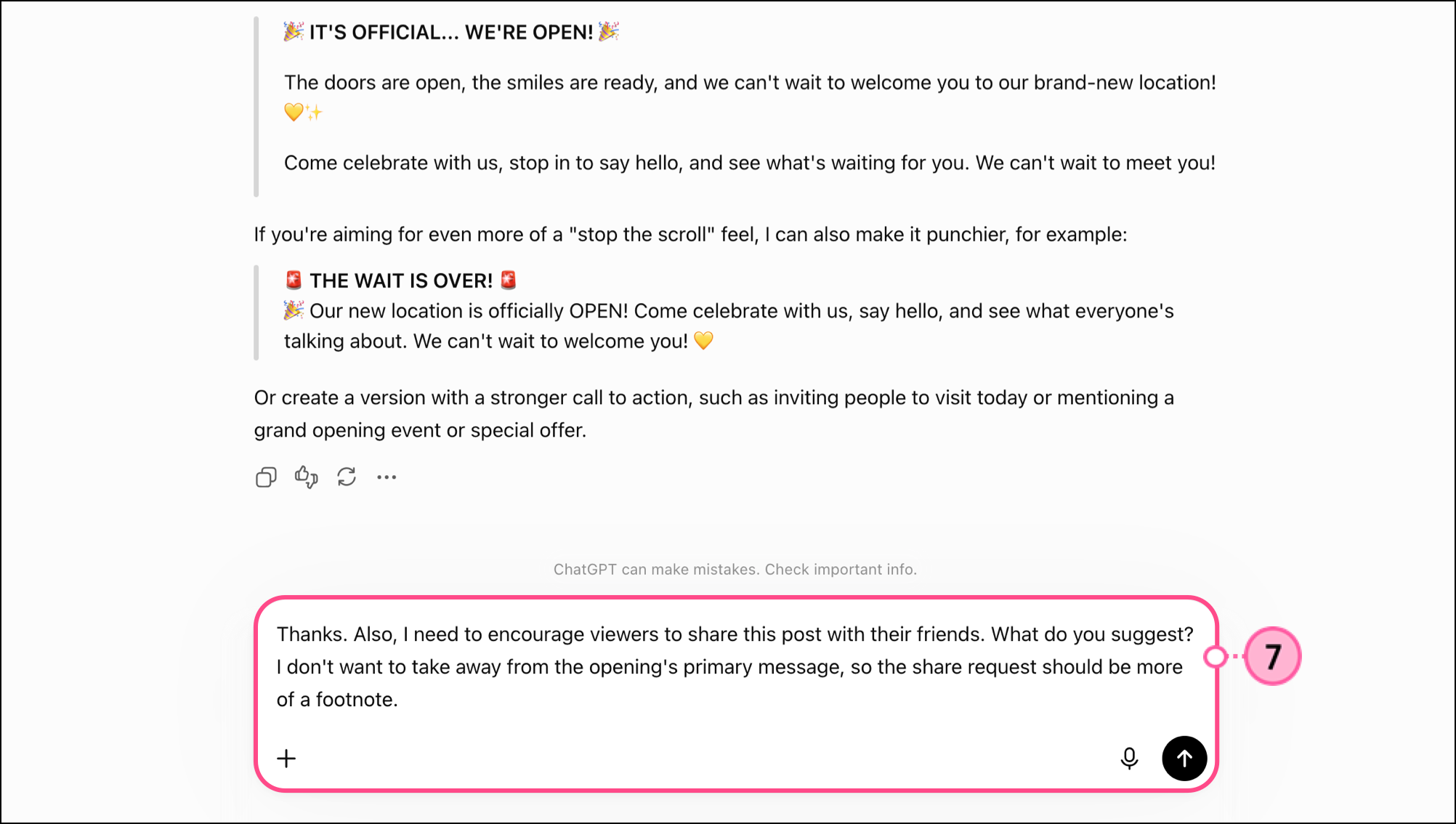Reply message asking ChatGPT for edits