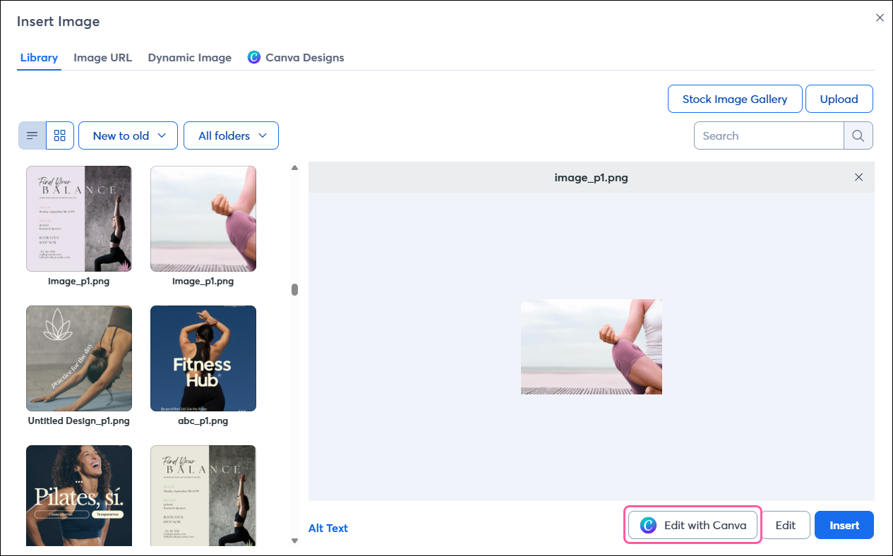 Insert Image pop-up in email editor with Library image selected and Edit with Canva button