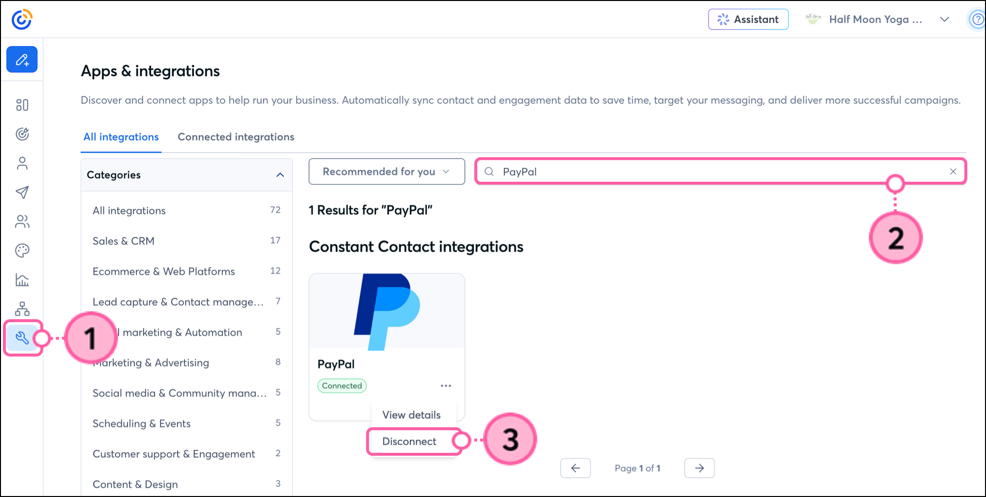 Disconnect button on expanded settings menu of PayPal integration card