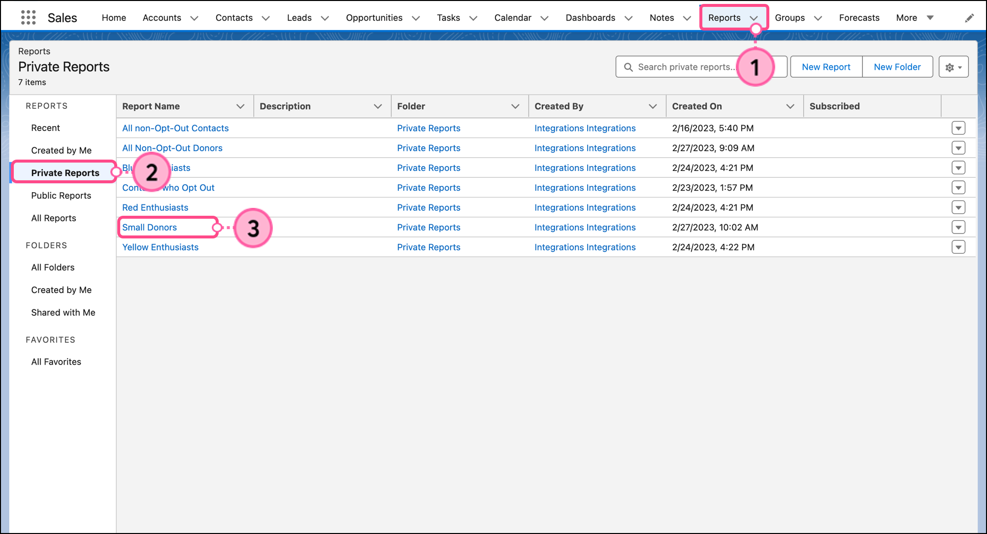Selecting contact list from a report folder in the Reports tab