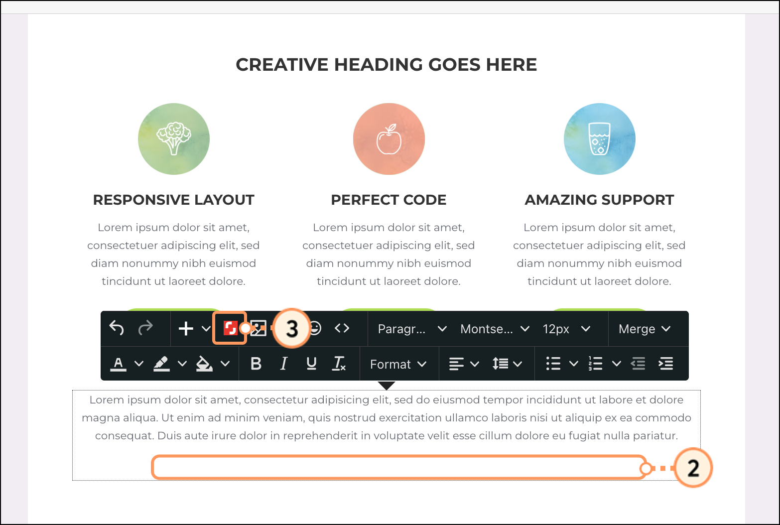 Red Shutterstock logo button in the top row of the content editing toolbar sitting above the content block