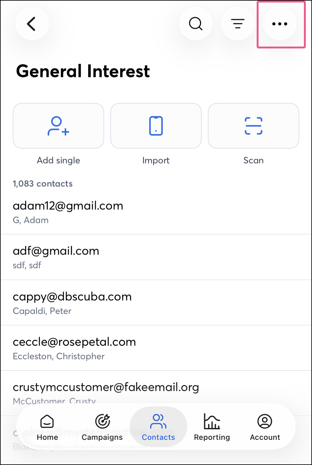 Three-dot menu in the top right corner of the app