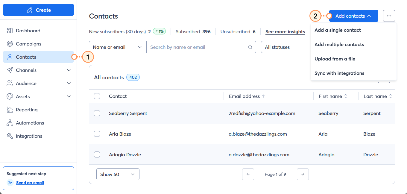 Contacts option selected with Contacts dashboard displayed and Add contacts menu expanded