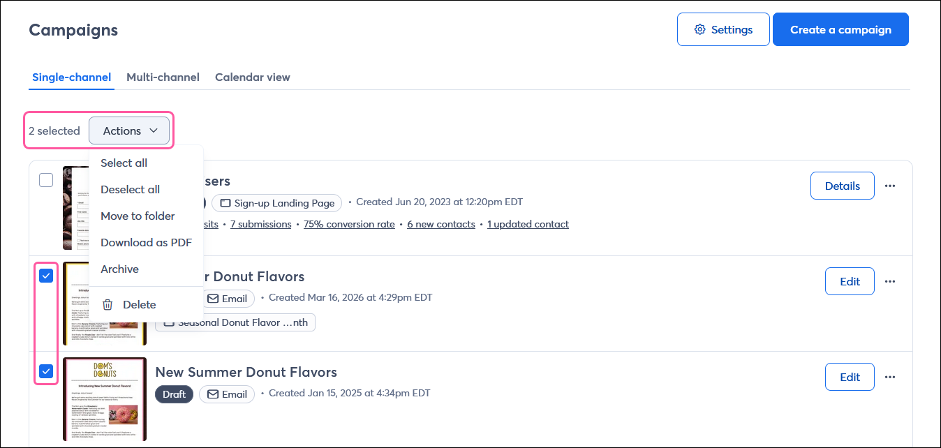 Campaigns page with Single-channel tab selected, multiple campaigns selected with Actions menu expanded