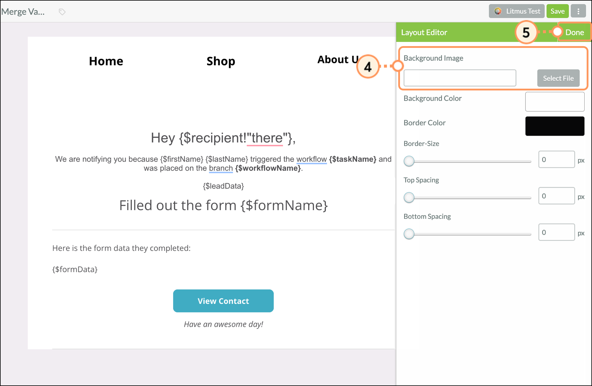 Layout Editor with Background Image URL field and Choose File button below green Done button Layout Editor with Background Image URL field and Choose File button below green Done button