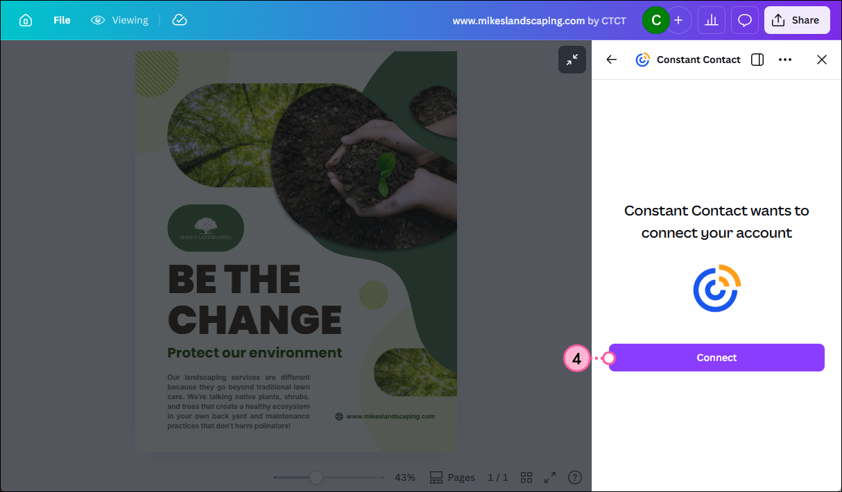 Canva social post with Constant Contact panel expanded and Connect button