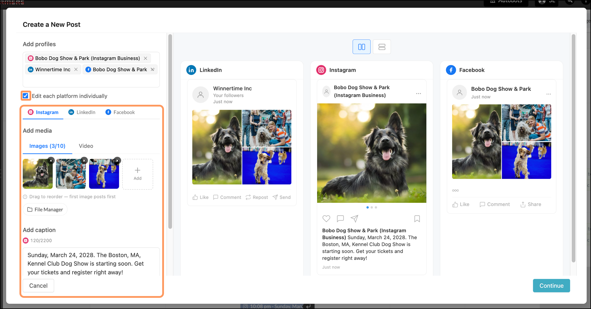 Edit each platform individually box checked with Instagram post being edited Edit each platform individually box checked with Instagram post being edited