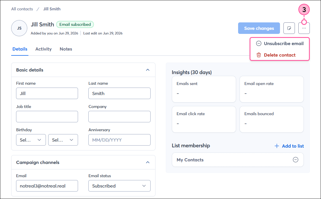 Contact details, More drop-down with Unsubscribe Email and Delete Contact options
