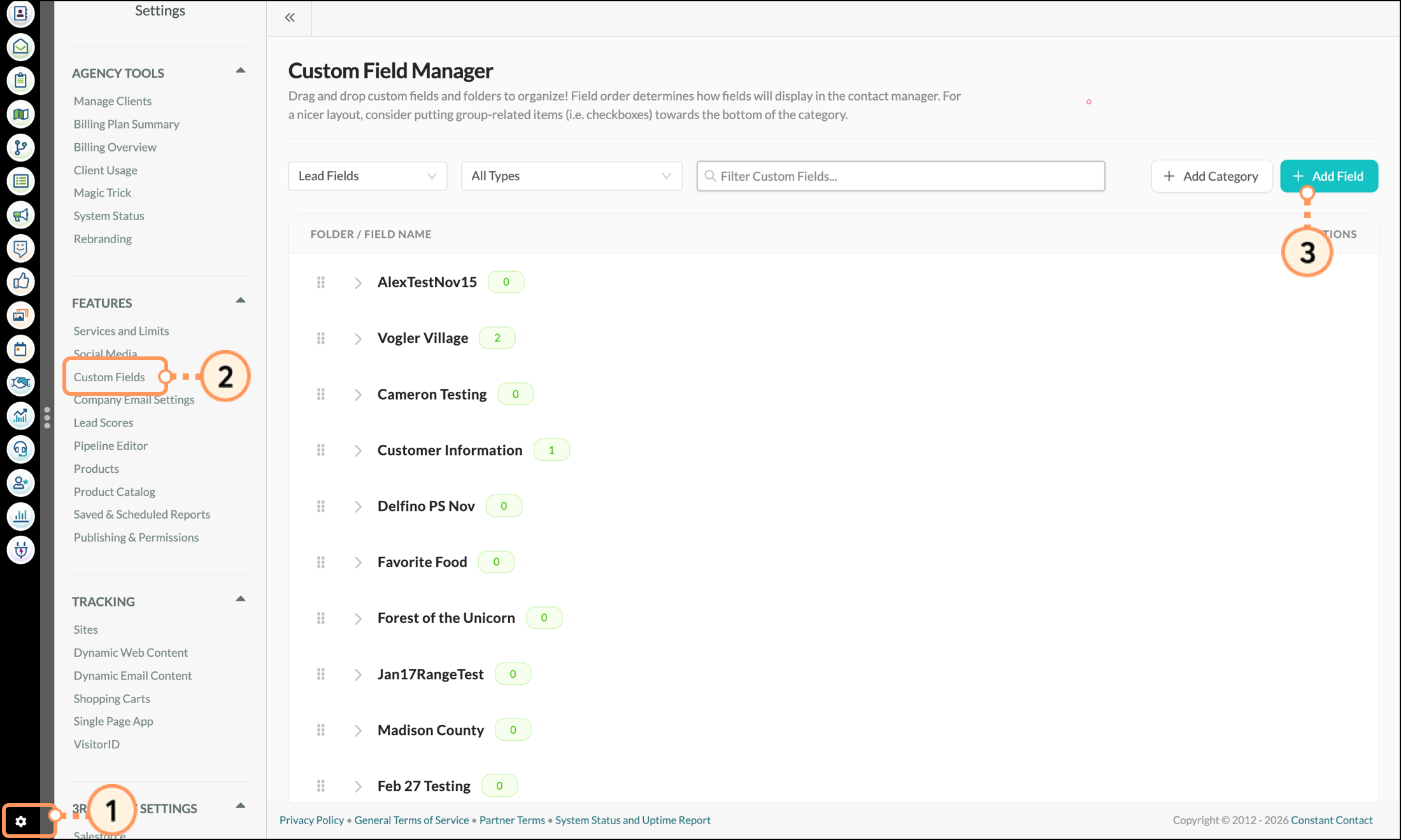 Blue Add Field button in the Custom Fields section in Settings