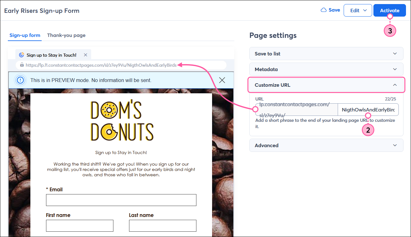 Sign-up Landing Page Page settings with Customize URl section expanded and URL field with custom portion and customized URL visible over landing page preview