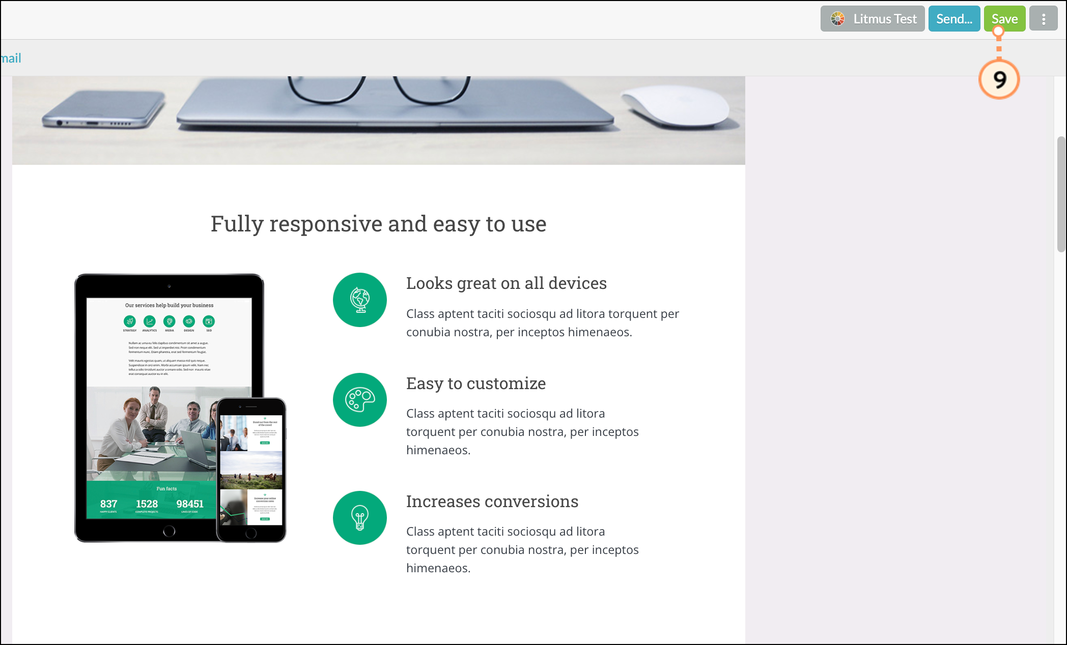 Green Save button in the top right corner of the editor