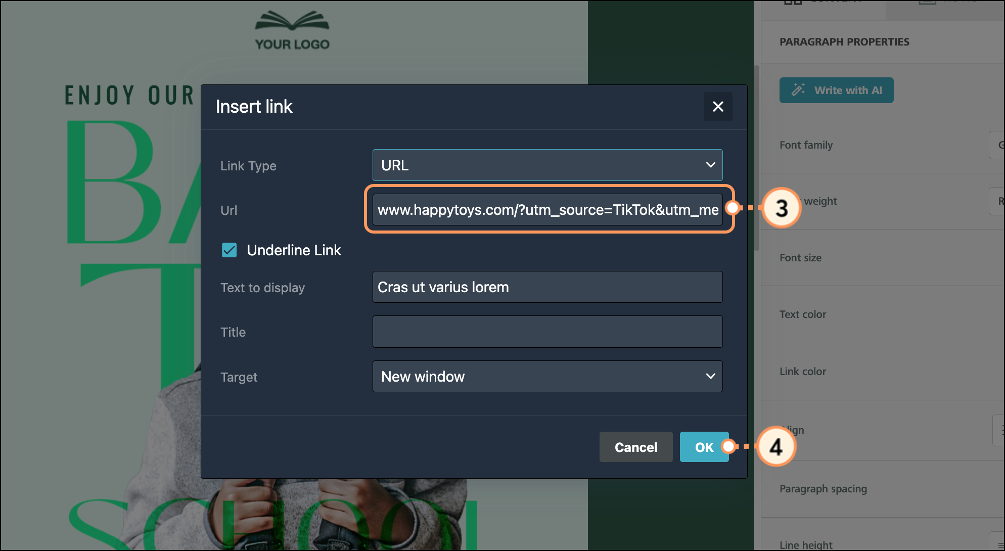 Insert link pop-up with URL and other link editing fields