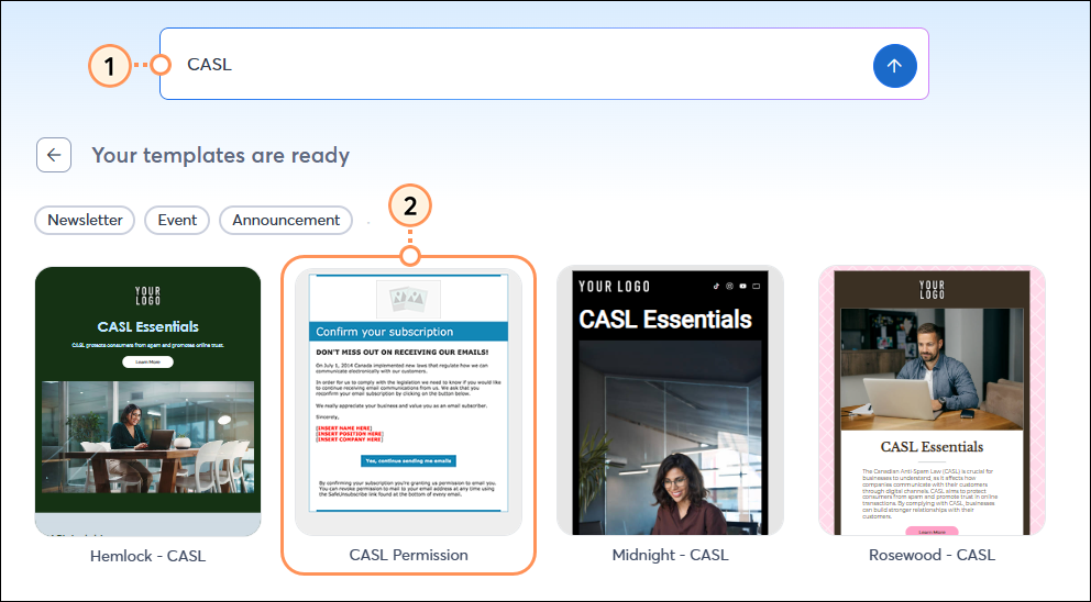 Templates page with Search field and CASL keyword, search results with template thumbnails