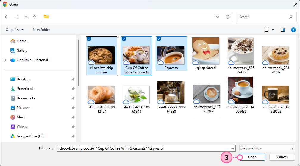 File explorer with images selected and Open button