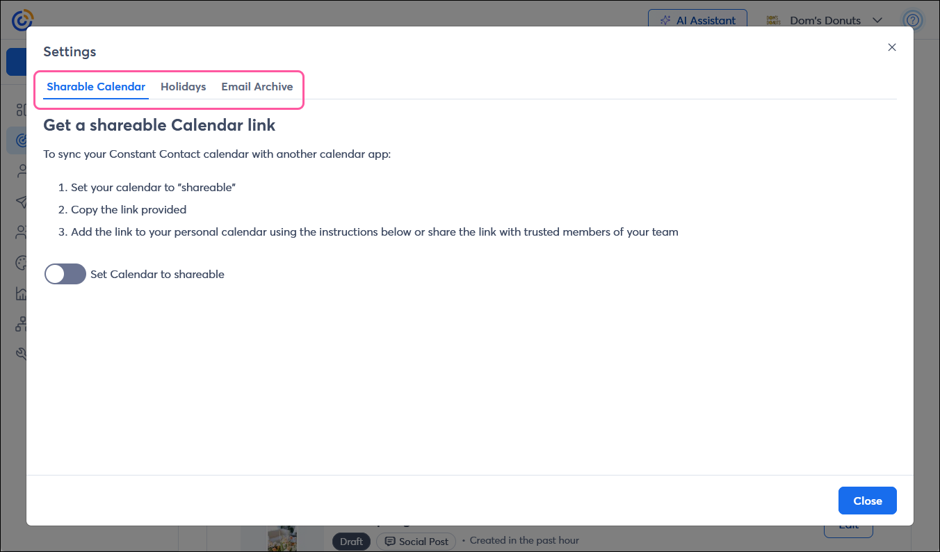Campaigns page with Settings button overlay expanded