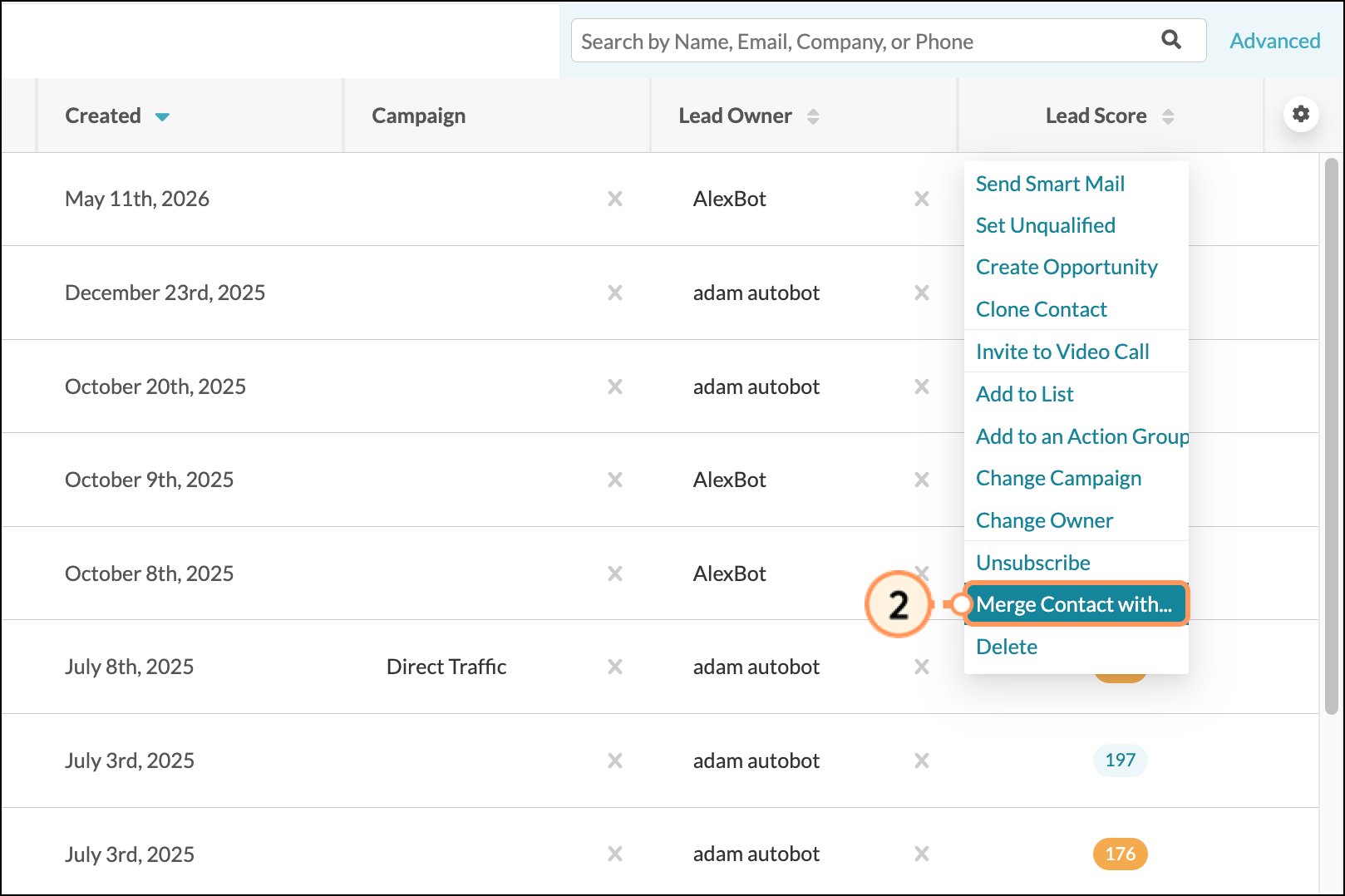Merge Contact With in the contact settings dropdown menu