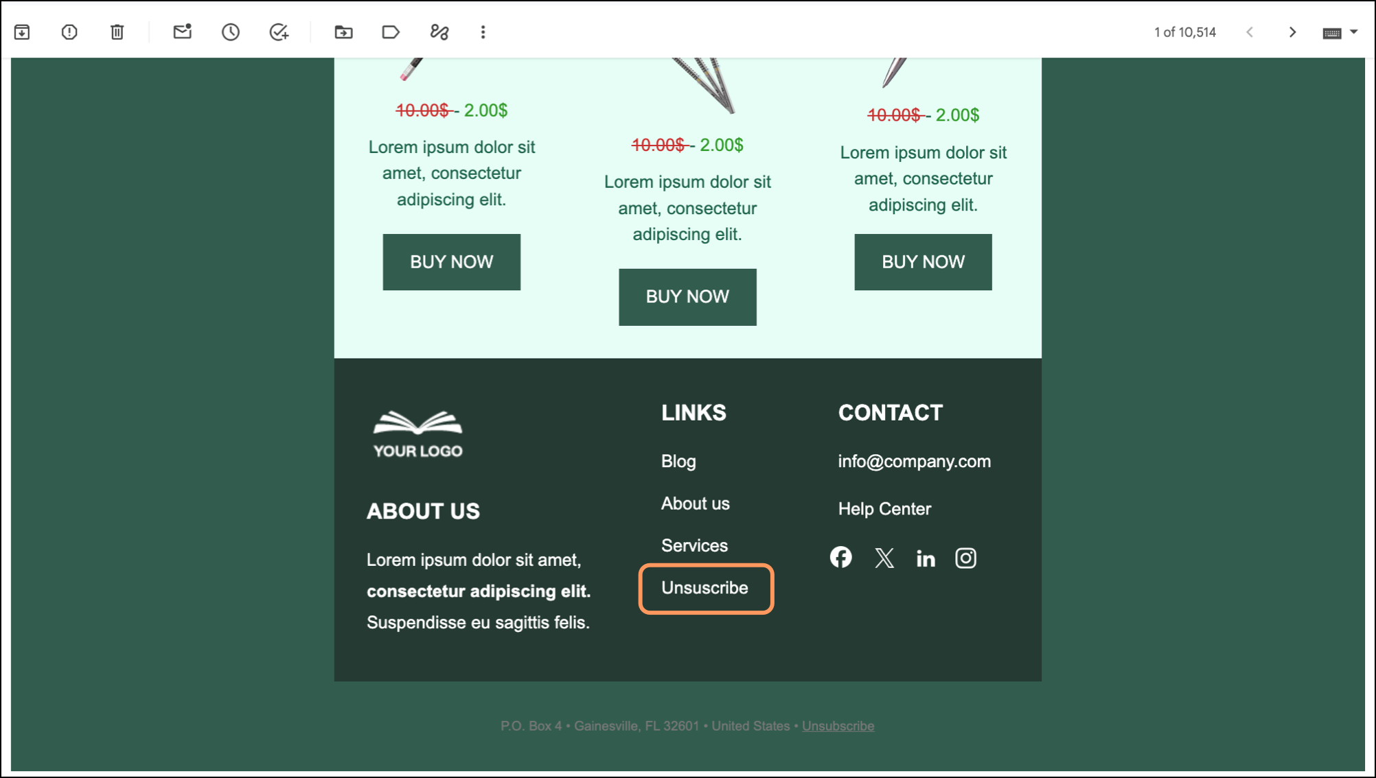 Customer facing email example with Unsubscribe link in the email footer Customer facing email example with Unsubscribe link in the email footer