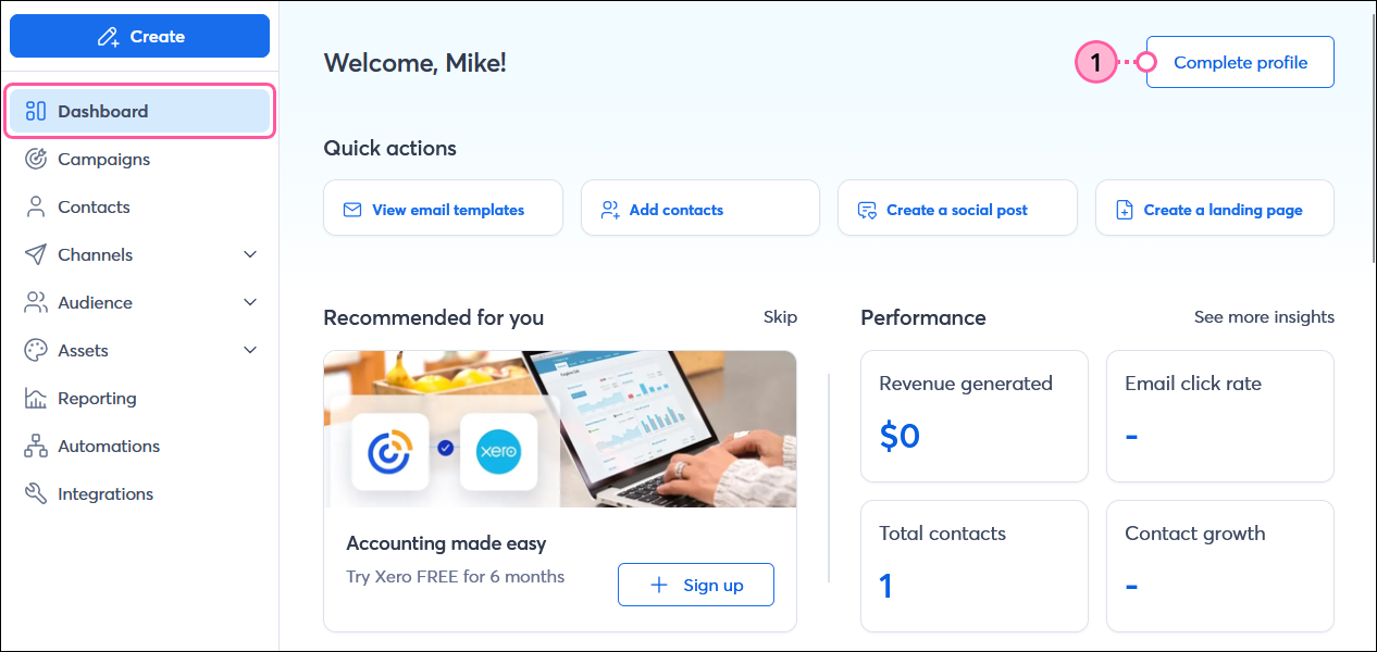 Left-hand menu with Dashboard option selected, Dashboard page with Account profile button