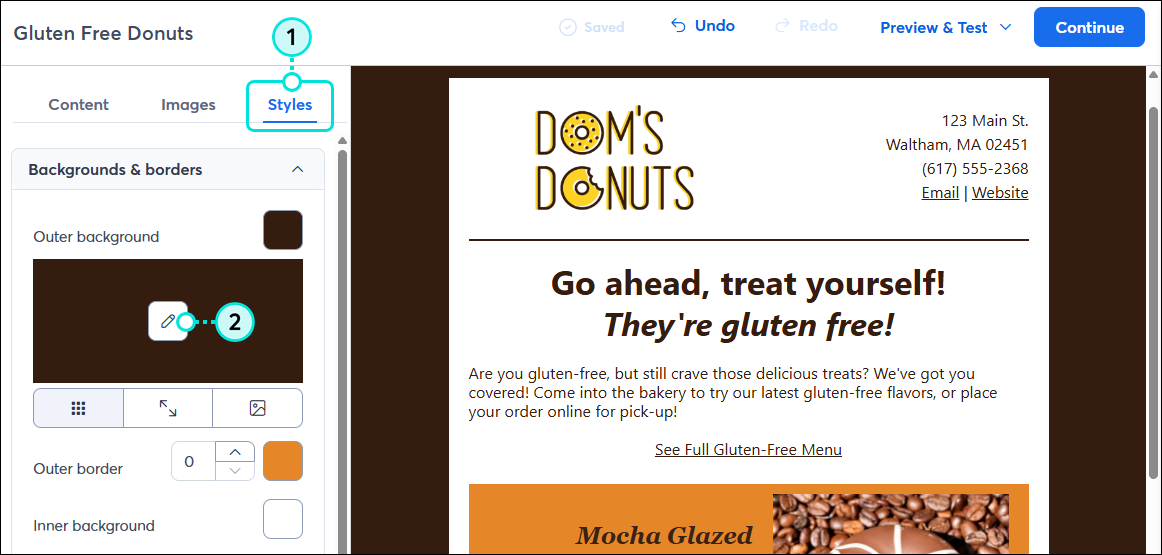 Email Styles tab, Backgrounds and Borders menu expanded, and Outer Background option with Edit Image icon