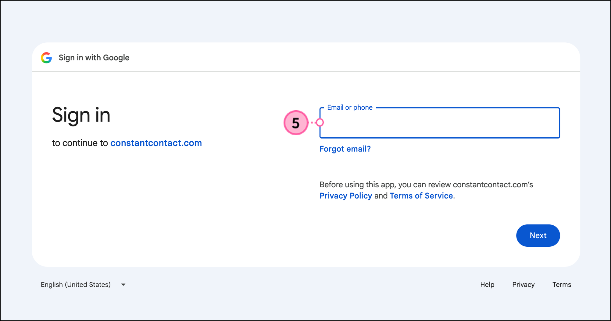 Google Sign-in page with email field and Next button