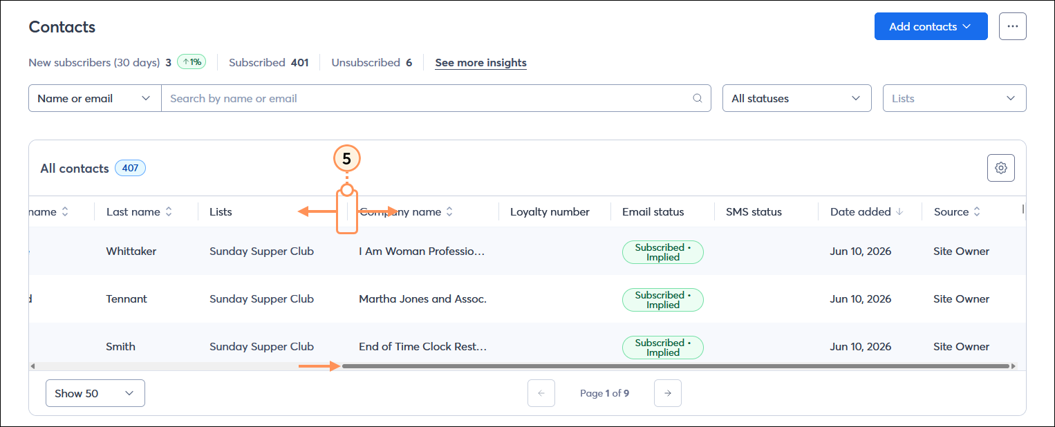 All contacts table with table header dividers and scrollbar