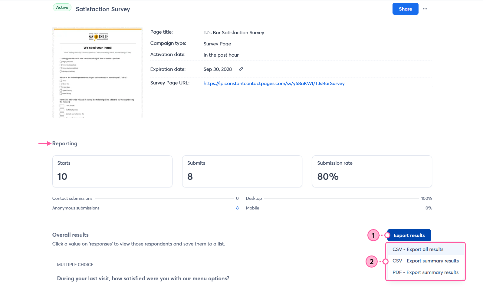 Survey Details page with Reporting section and Export results button with menu expanded and CSSV-Export all results option, CSV-Export summary results option, and PDF-Export summary results option