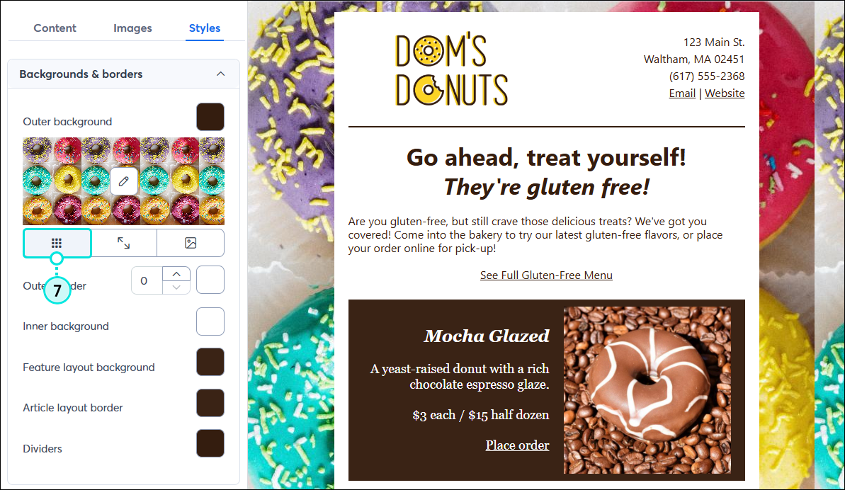 Email Styles tab, Backgrounds and Borders section expanded, custom outer background selected, and Tile icon