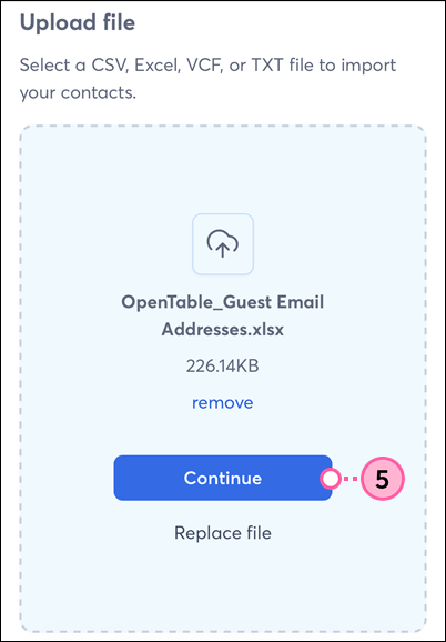 Constant Contact on mobile web browser, Upload File screen, file selected, and Continue button