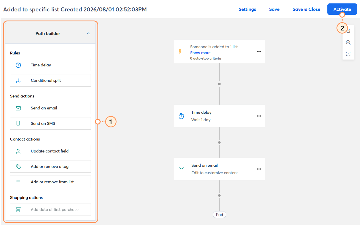 Automation Path Builder with Added to specific list path and Activate button