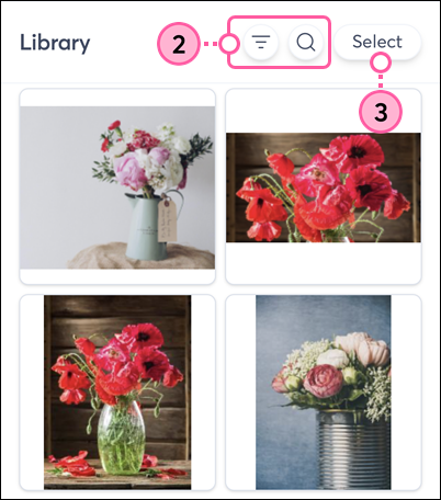 Constant Contact Library on mobile web browser with filters, search icon, and Select button