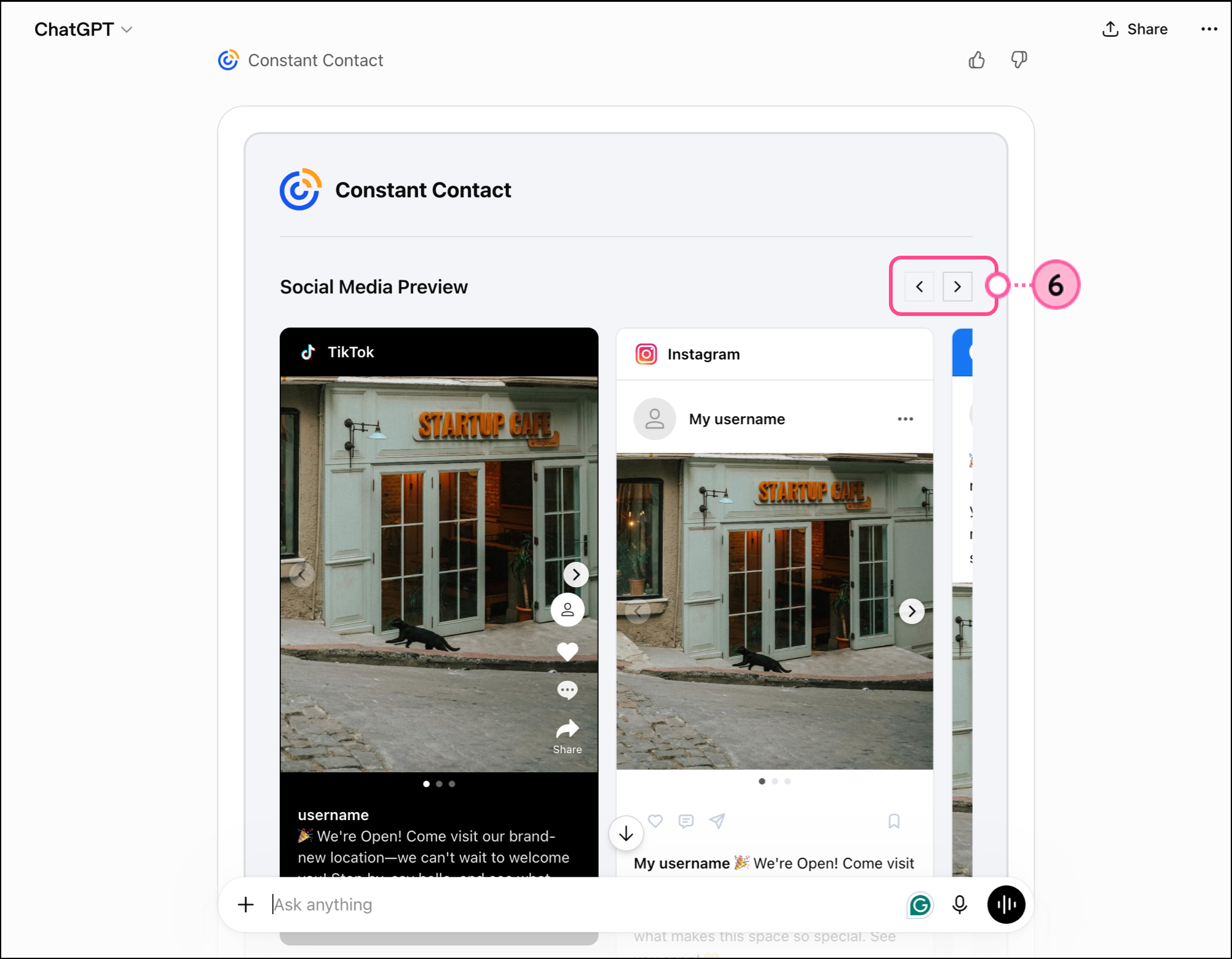 Generated social post with left right scroll buttons