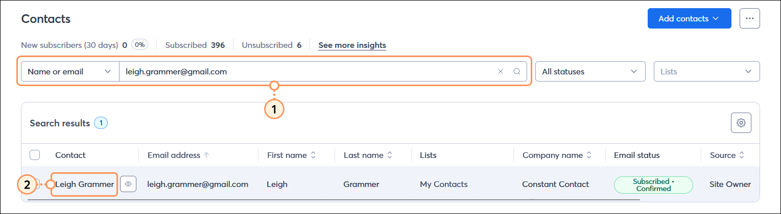 Contacts page with Search field and email address entered, search results with contact name highlighted and Preview button visibile