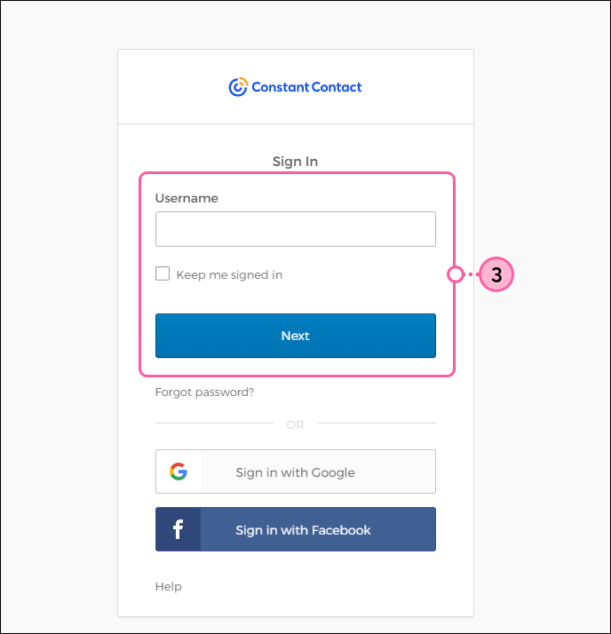 Constant Contact login screen