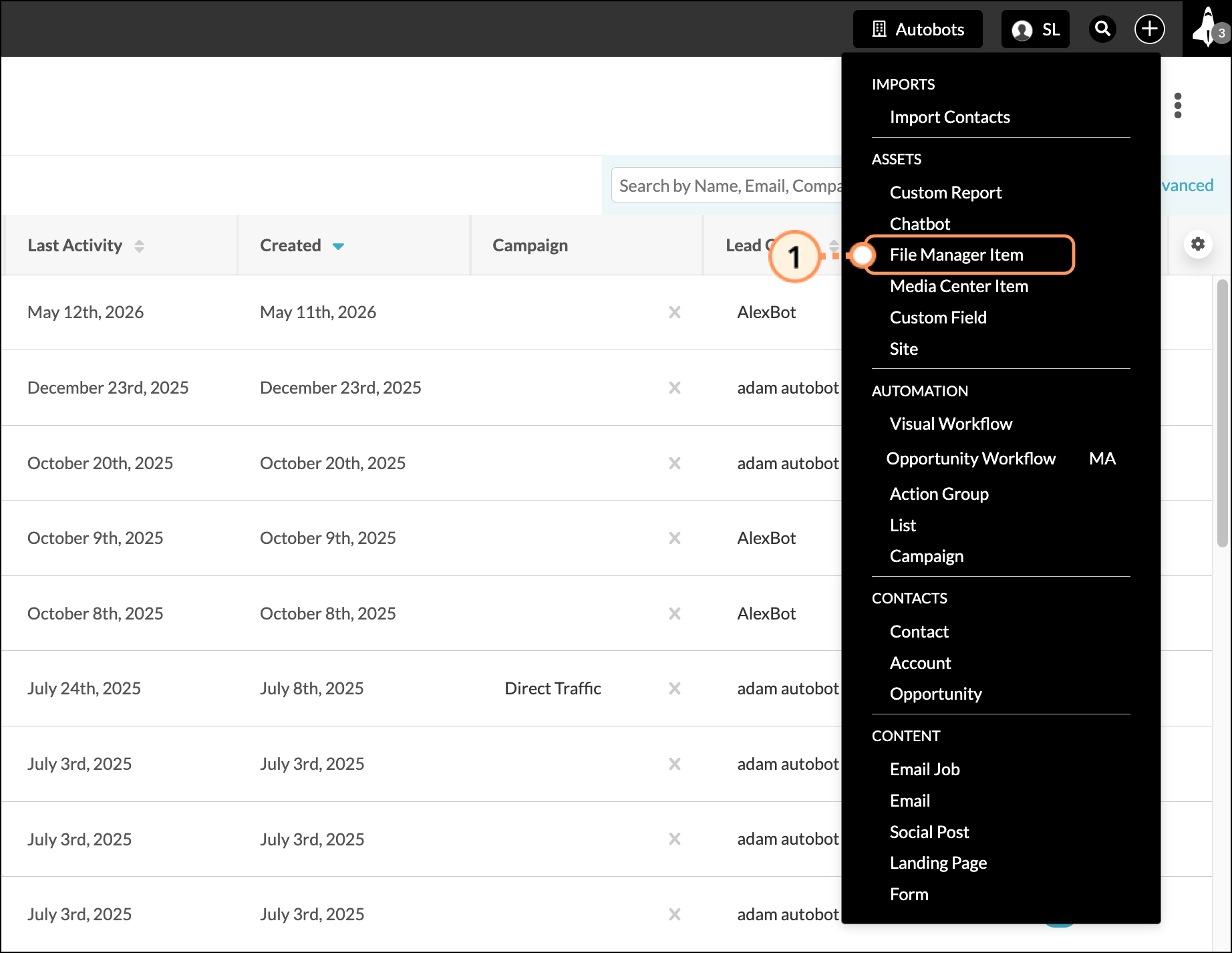 File Manager Item in expanded navigation menu