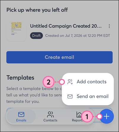 Constant Contact on mobile web browser, plus symbol, and Add Contacts option