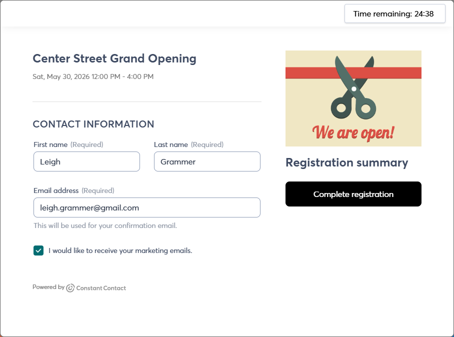 Example of ticketless event registration form