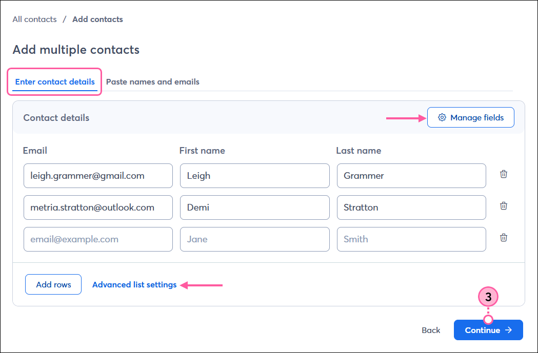 Add Multiple Contacts page, Enter Contact Details tab, Contact detail fields, and Continue button