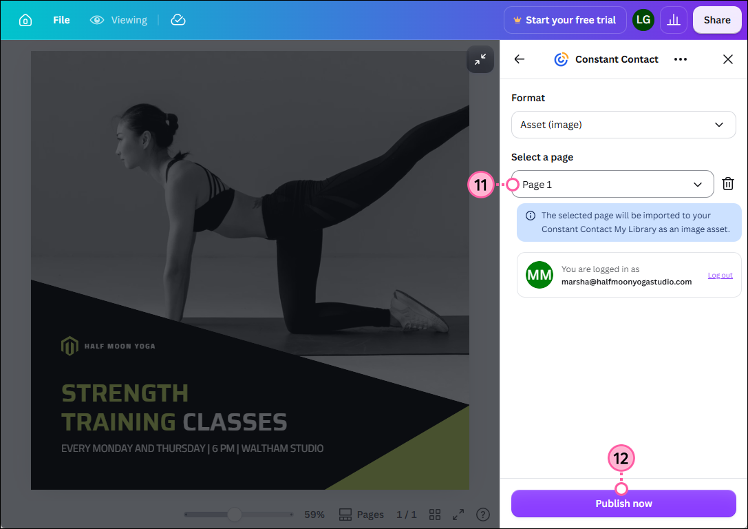 Canva design Share to Constant Contact, Select a Page drop-down, and Publish Now button