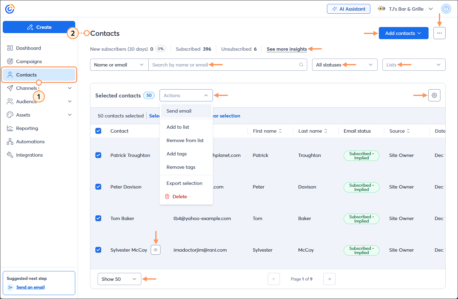 Contacts dashboard with Add contacts button, Search by field, Status drop-down menu, List drop-down menu, All contacts table and Modify table button, all contacts selected with Actions menu expanded and Send email, Add to list, Remove from list, Add tags, Remove tags, Export selection, and Delete options, and View contact button