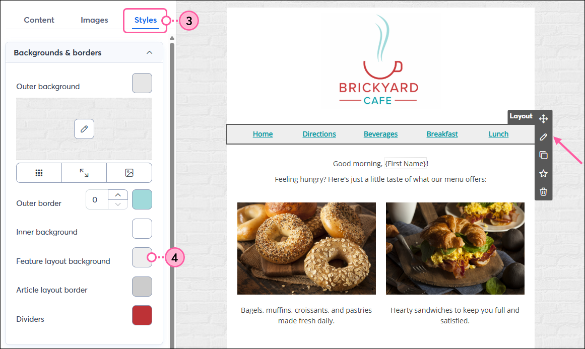 Styles Tab, Feature Layout Background Color Swatch, and Layout pencil icon